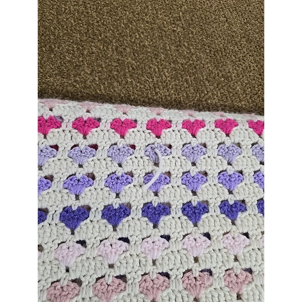 Handmade Afghan Crochet Multicolor Hearts Throw Grannycore Valentine's Day